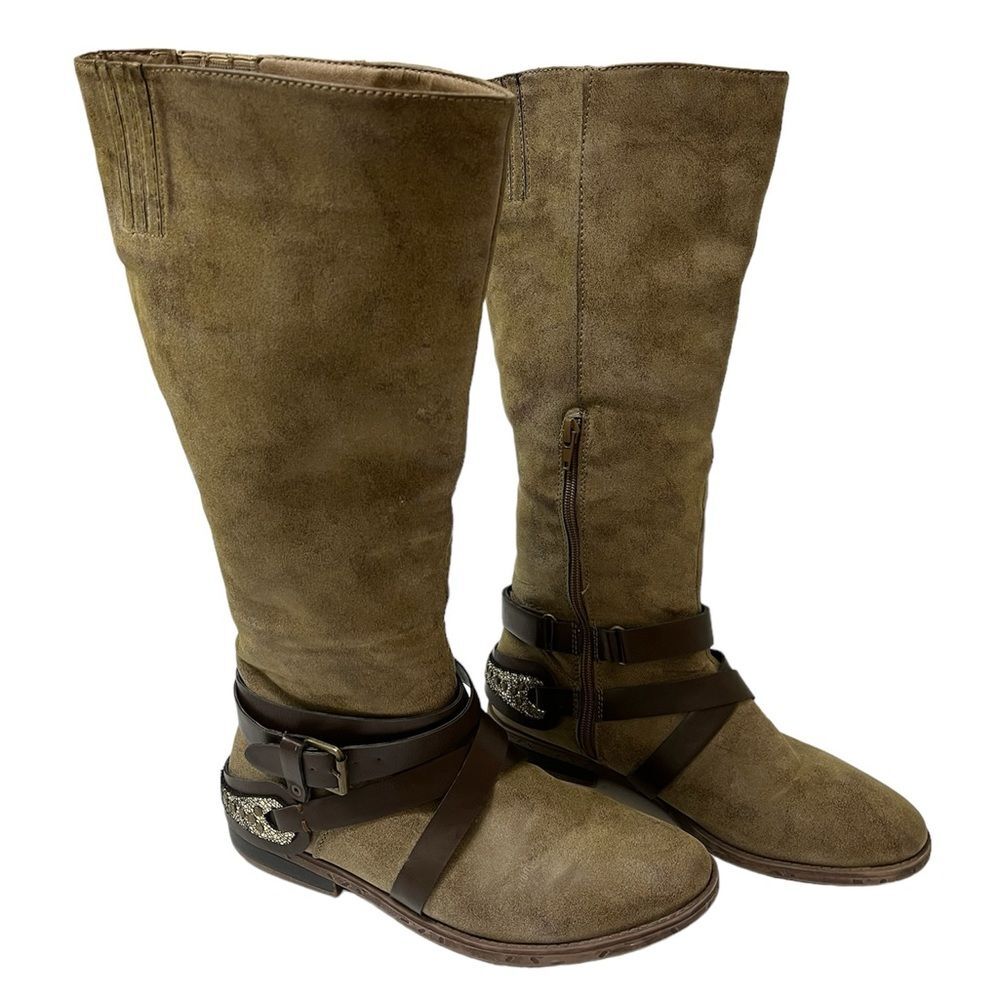 RAMPAGE Isadora Taupe Stud Crackle Strappy Calf-High Boots SZ 9W Wide